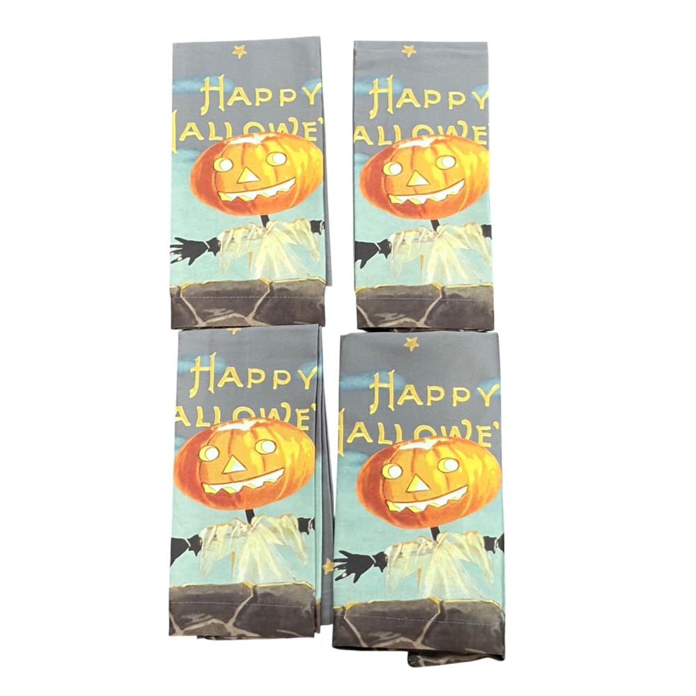 Williams Sonoma Napkins Set of 4 20x20 Gray Halloween Scarecrow Pumpkin Cotton